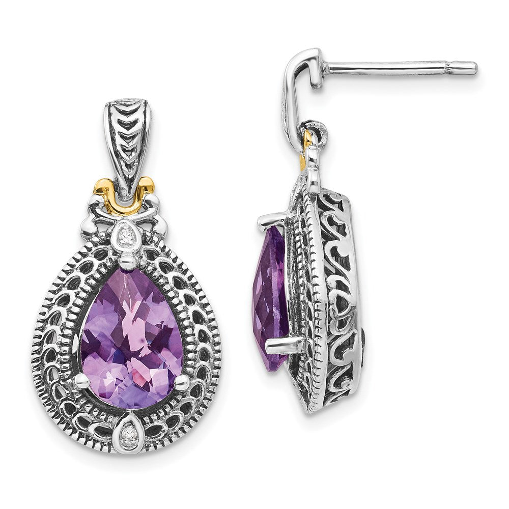 Shey Couture Sterling Silver with 14k Accent Antiqued Diamond & Pear Shaped Amethyst Earrings