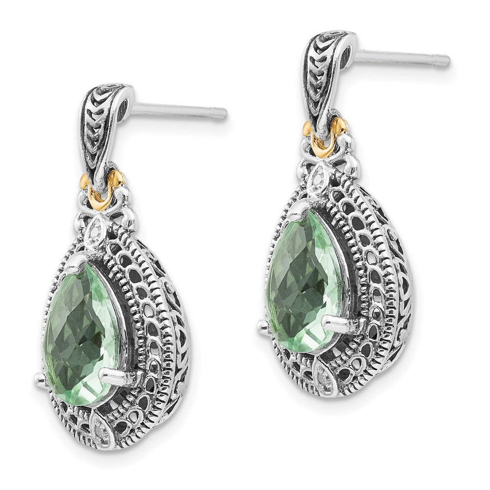 Shey Couture Sterling Silver with 14k Accent Antiqued Diamond & Pear Shaped Green Quartz Post Dangle Earrings