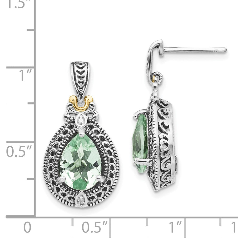 Shey Couture Sterling Silver with 14k Accent Antiqued Diamond & Pear Shaped Green Quartz Post Dangle Earrings