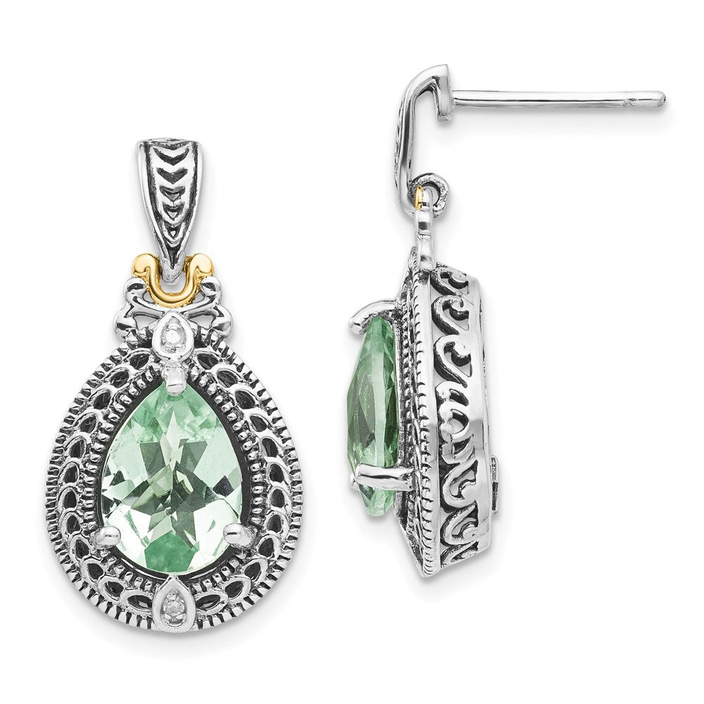 Shey Couture Sterling Silver with 14k Accent Antiqued Diamond & Pear Shaped Green Quartz Post Dangle Earrings