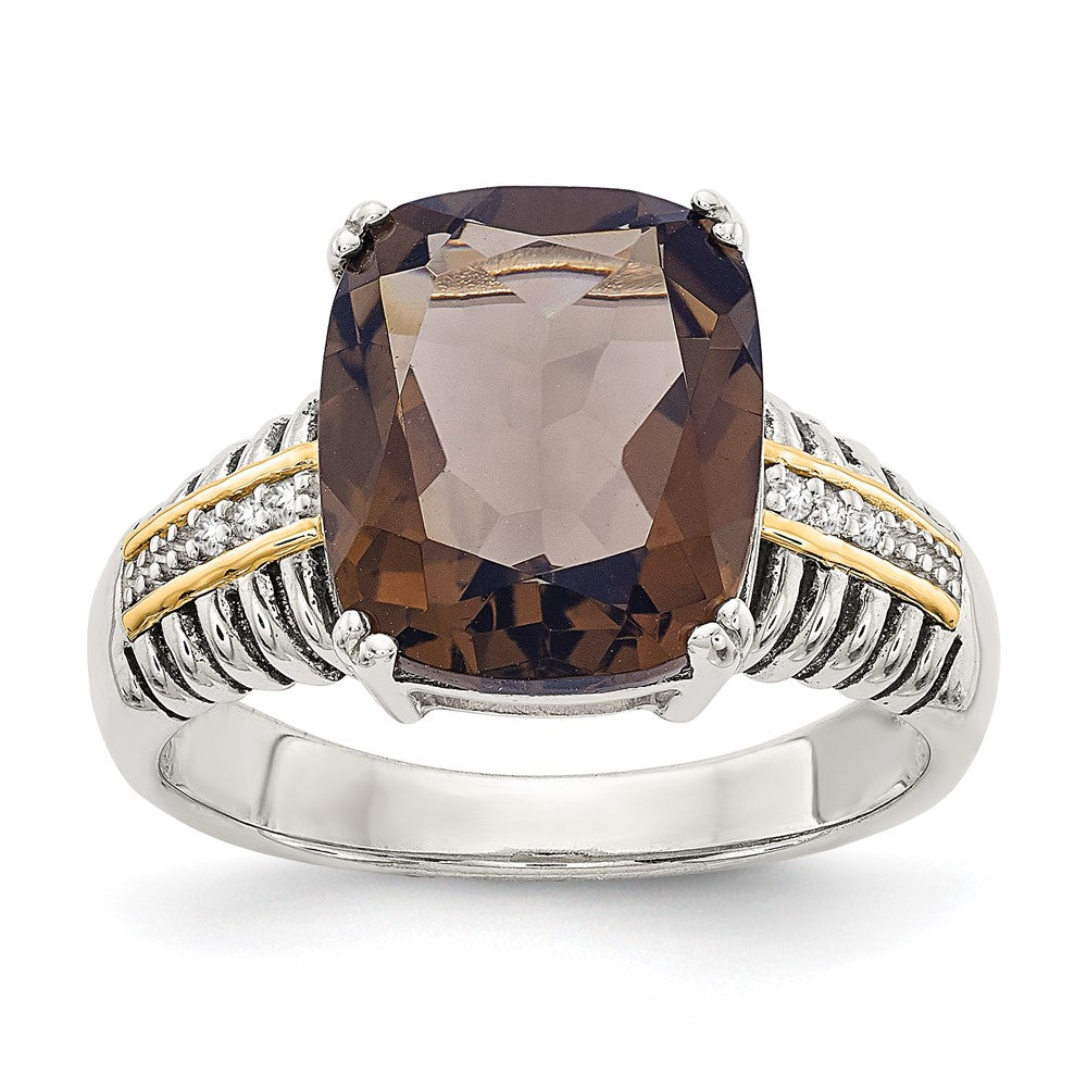 Shey Couture Sterling Silver with 14k Accent Antiqued Cushion Smoky Quartz & Diamond Ring