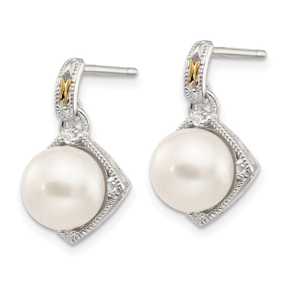 Shey Couture Sterling Silver Rhodium-plated with 14k Accent 7.5-8mm Freshwater Cultured Pearl & Diamond Dangle Post Earrings