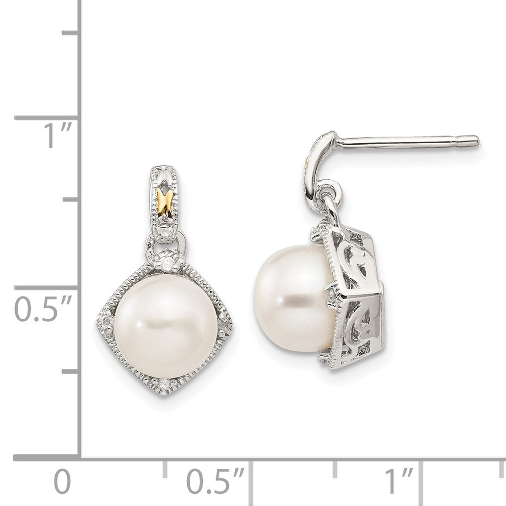 Shey Couture Sterling Silver Rhodium-plated with 14k Accent 7.5-8mm Freshwater Cultured Pearl & Diamond Dangle Post Earrings