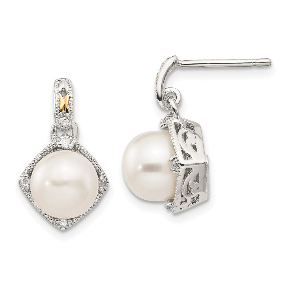 Shey Couture Sterling Silver Rhodium-plated with 14k Accent 7.5-8mm Freshwater Cultured Pearl & Diamond Dangle Post Earrings