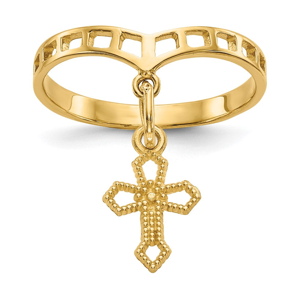 Polished Cross Dangle Charm Ring in 14k Yellow Gold
