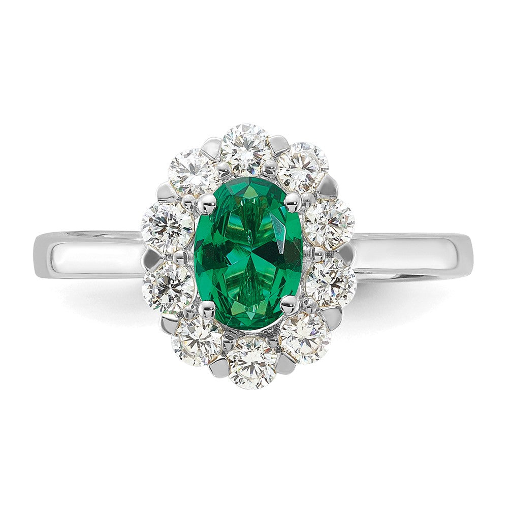 Lab Grown VS/SI FGH Diamond & Created Oval Emerald Fashion Ring in 14k White Gold