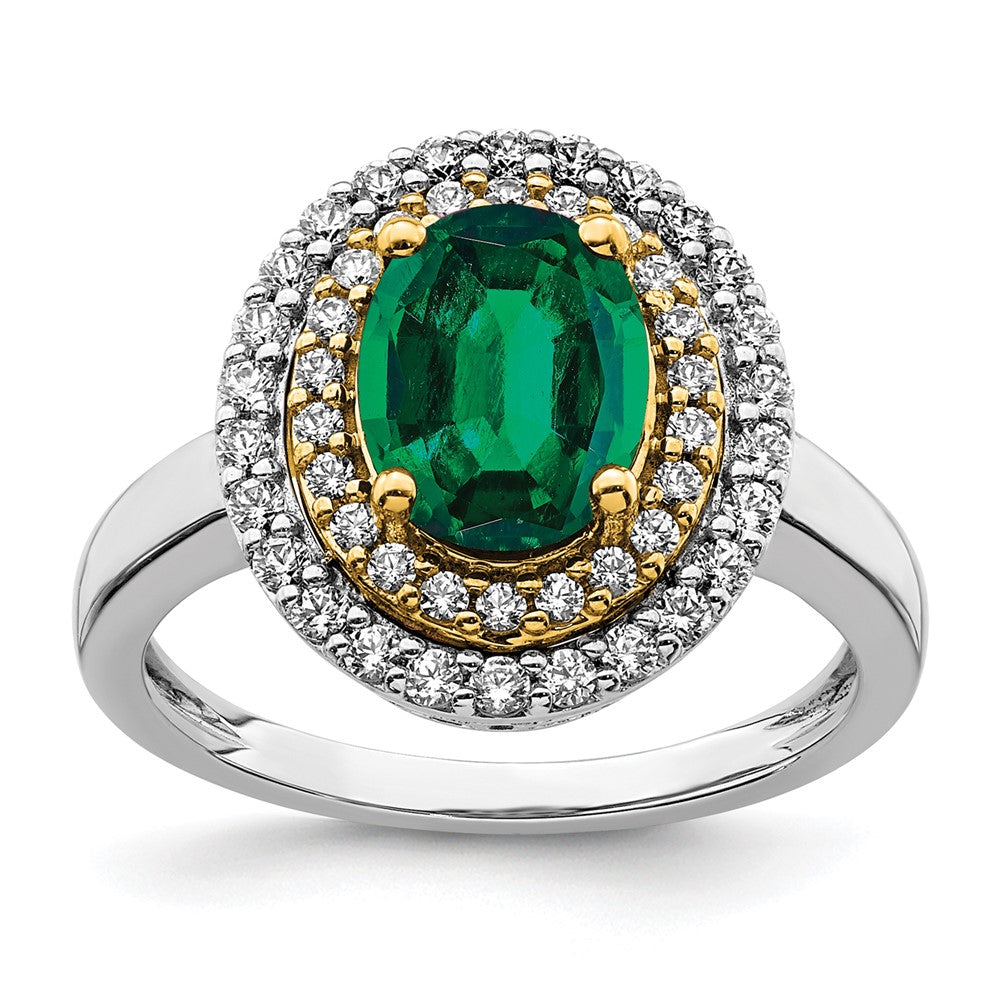 Two-Tone Lab Grown VS/SI FGH Diamond & Created Emerald Ring in 14k Yellow & White Gold