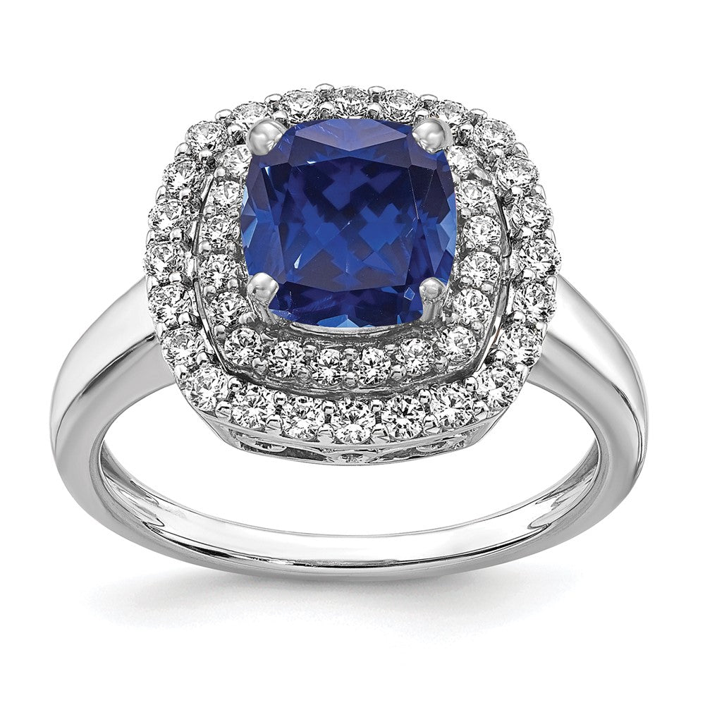Lab Grown VS/SI FGH Diamond & Created Blue Sapphire Ring in 14k White Gold
