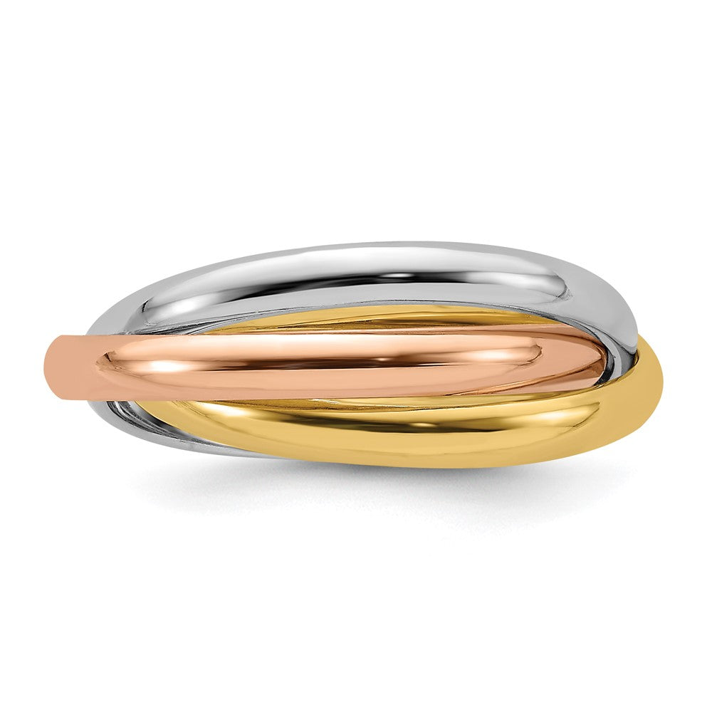 Tri-color Polished Rolling Ring in 14k White & Yellow & Rose Gold