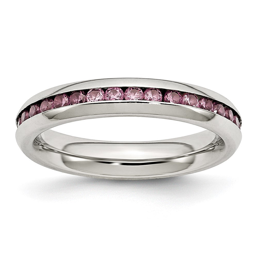 Chisel Stainless Steel Polished 4mm June Pink CZ Ring