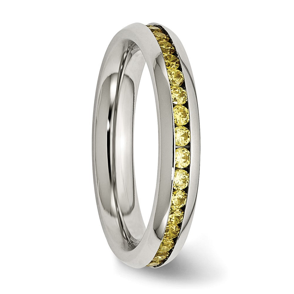 Chisel Stainless Steel Polished 4mm November Yellow CZ Ring