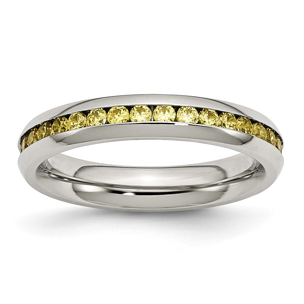 Chisel Stainless Steel Polished 4mm November Yellow CZ Ring