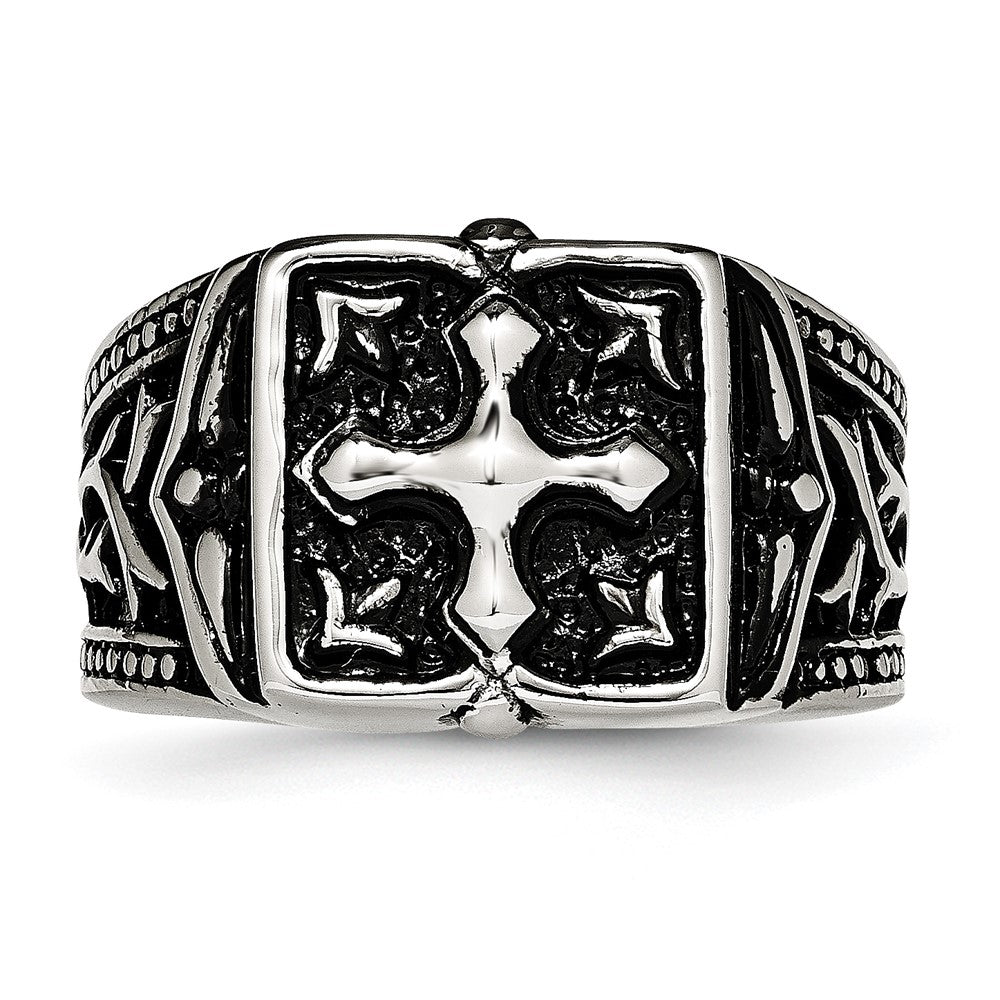 Chisel Stainless Steel Antiqued Polished & Textured Cross Ring