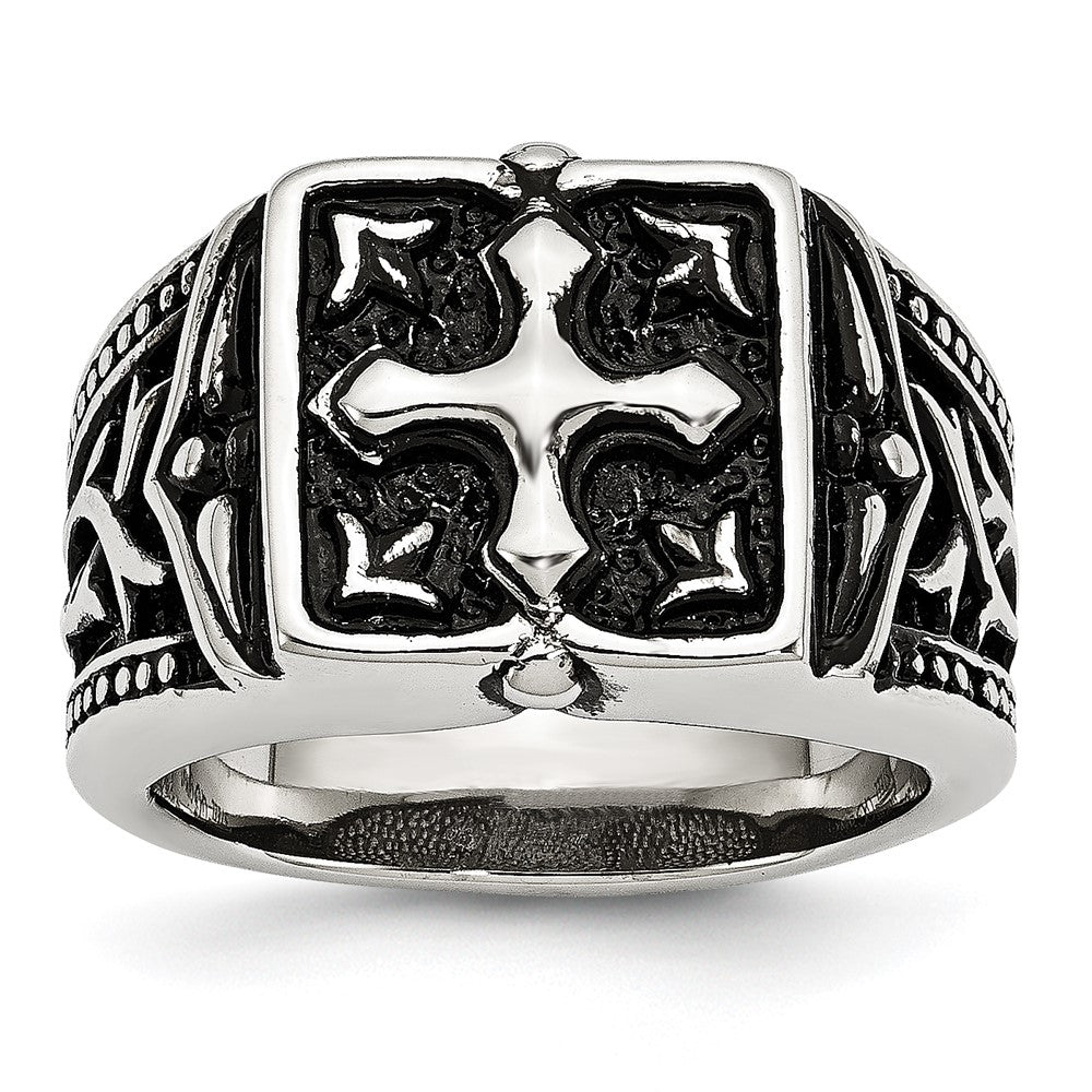 Chisel Stainless Steel Antiqued Polished & Textured Cross Ring