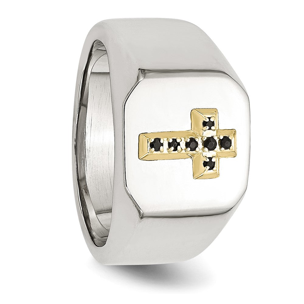Chisel Stainless Steel Polished with 14k Gold Accent 1/15 Carat Sapphire Cross Signet Ring