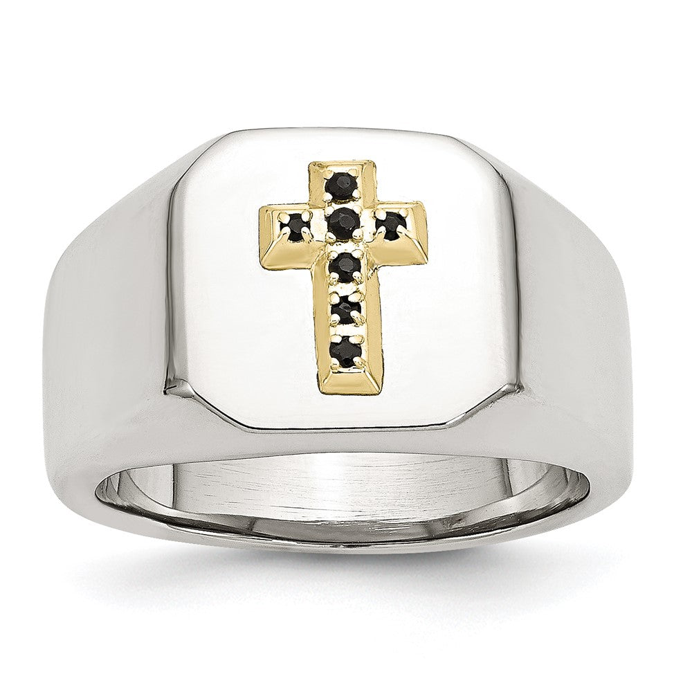 Chisel Stainless Steel Polished with 14k Gold Accent 1/15 Carat Sapphire Cross Signet Ring