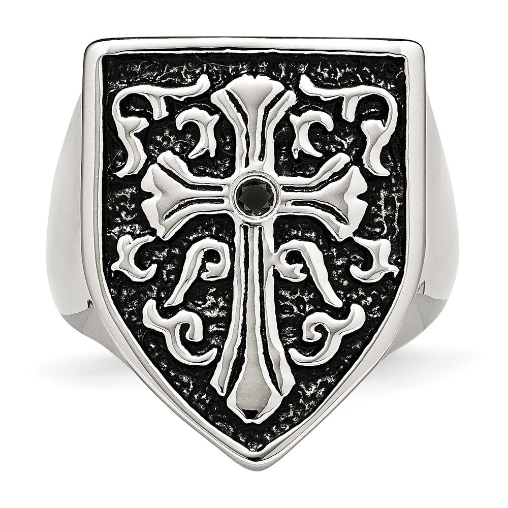 Chisel Stainless Steel Antiqued & Polished 1/20 Carat Black Diamond Shield Ring