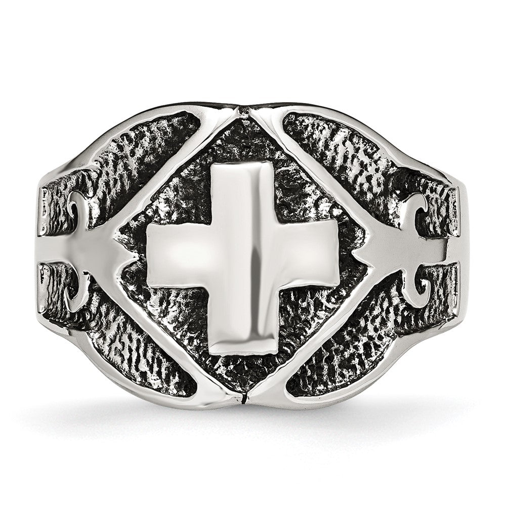 Antiqued Polished & Textured Cross Ring in Stainless Steel