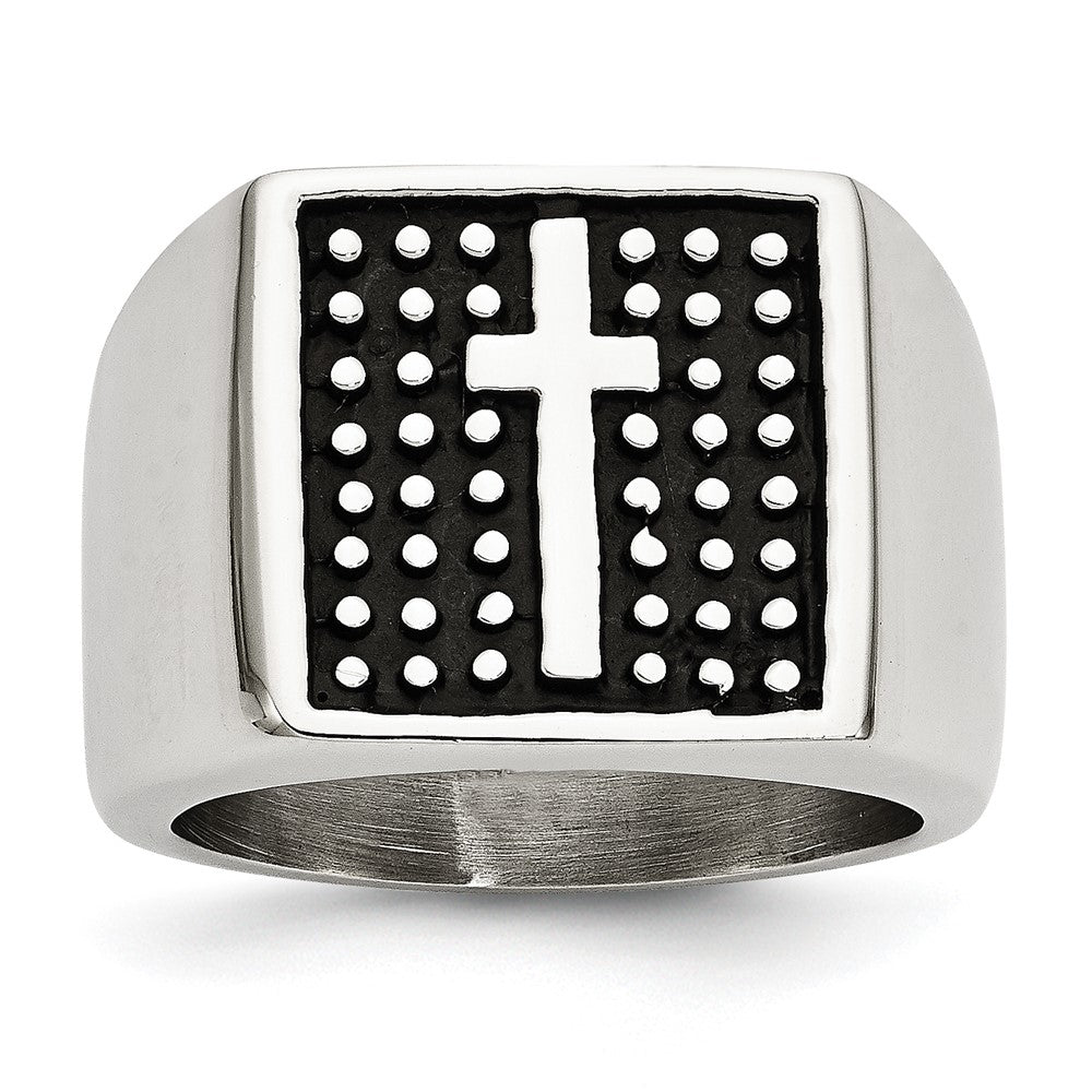 Antiqued Polished & Textured Cross Signet Ring in Stainless Steel