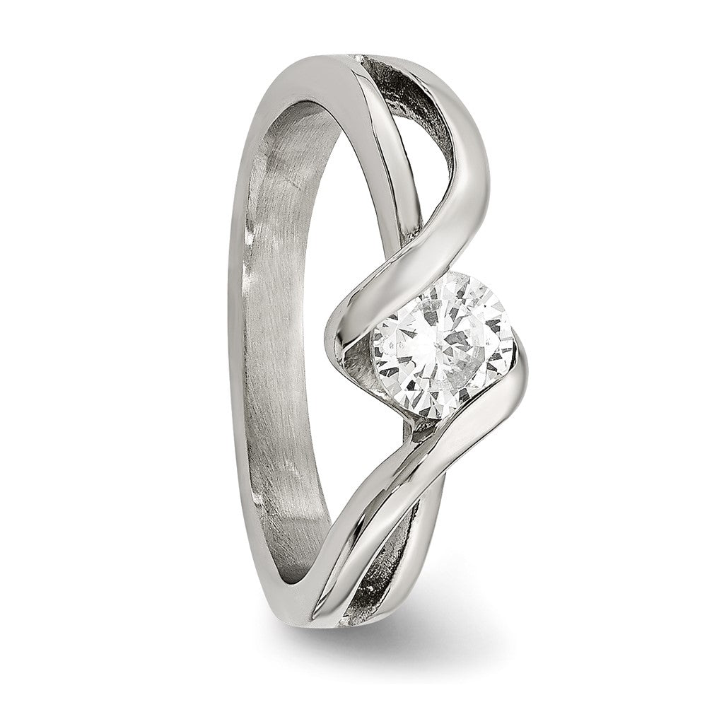 Chisel Stainless Steel Polished Twist with Round CZ Ring