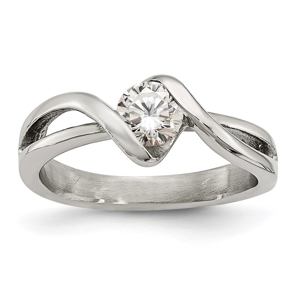 Chisel Stainless Steel Polished Twist with Round CZ Ring