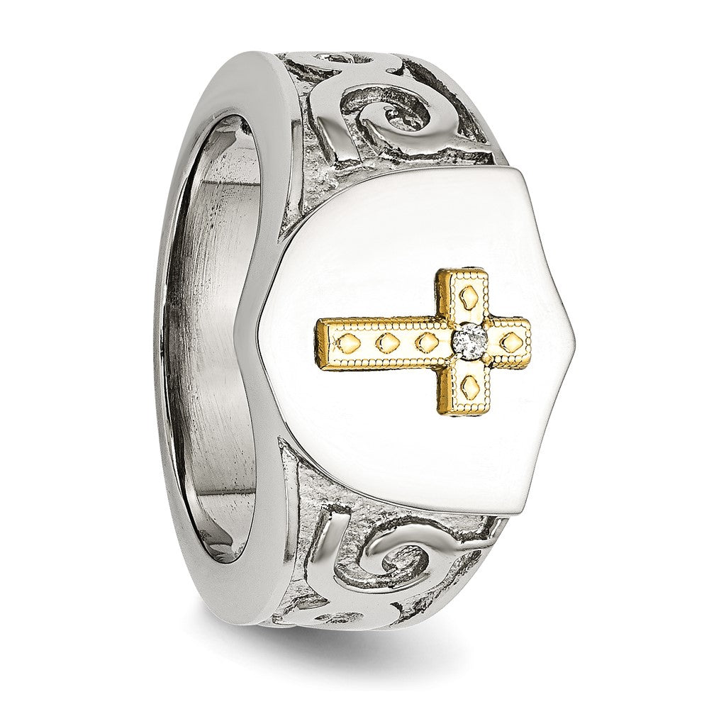Chisel Stainless Steel Polished with 10k Gold Cross & .02 Carat Diamond Ring