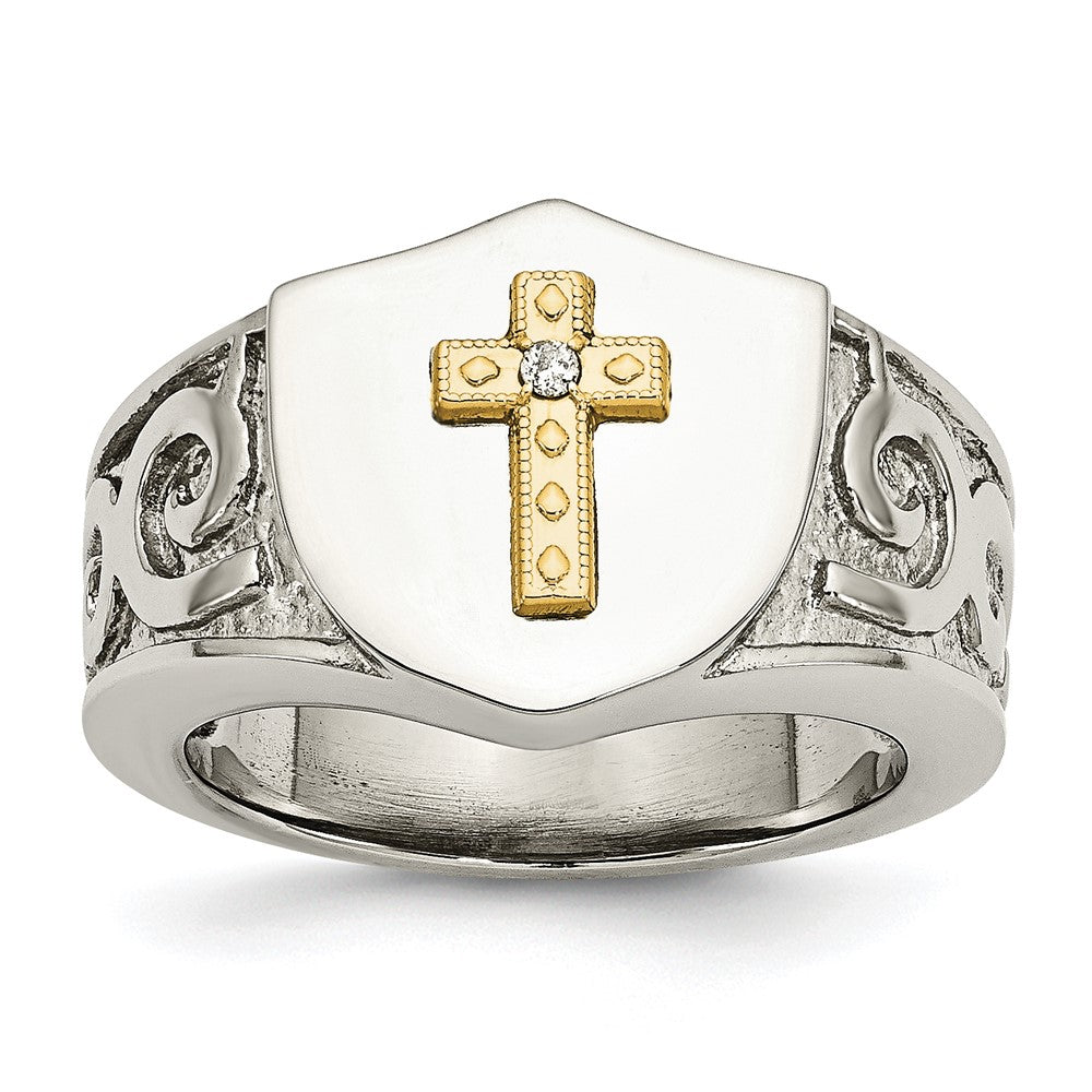 Chisel Stainless Steel Polished with 10k Gold Cross & .02 Carat Diamond Ring