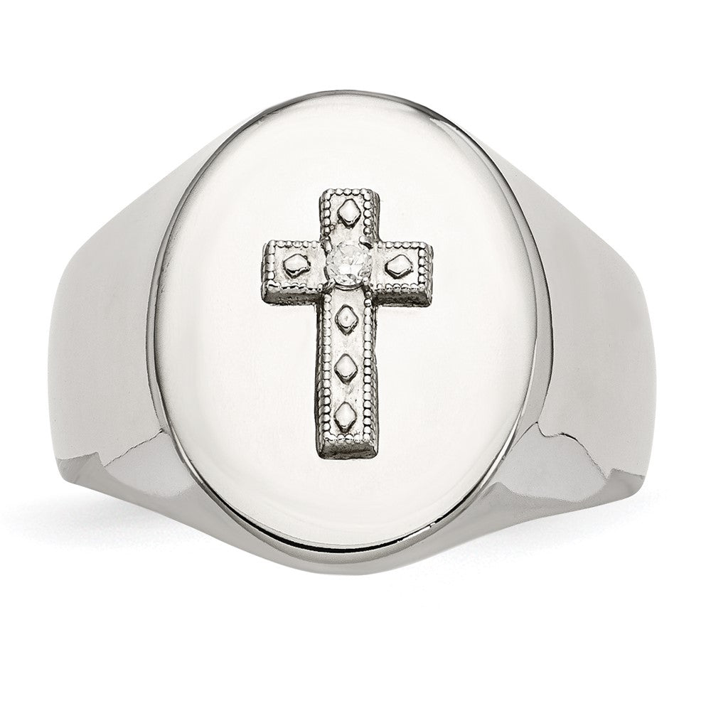 Chisel Stainless Steel Polished with Sterling Silver Cross & CZ Signet Ring