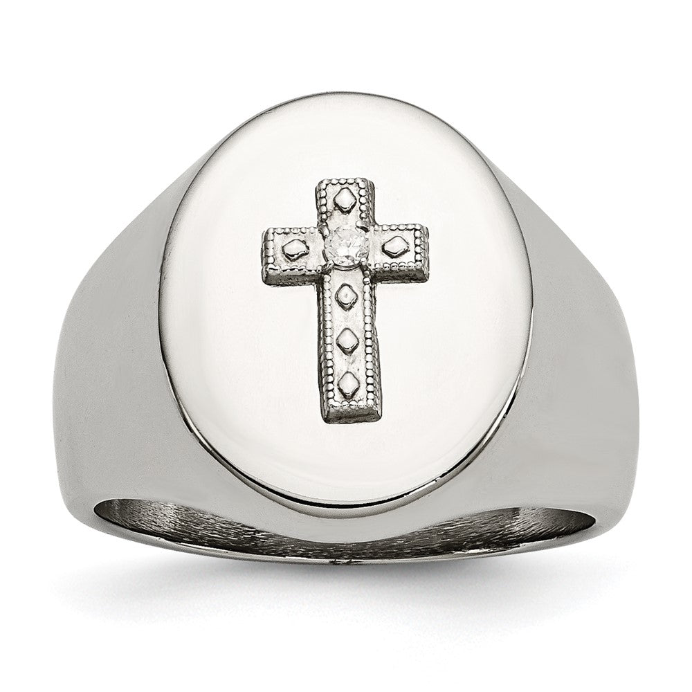 Chisel Stainless Steel Polished with Sterling Silver Cross & CZ Signet Ring