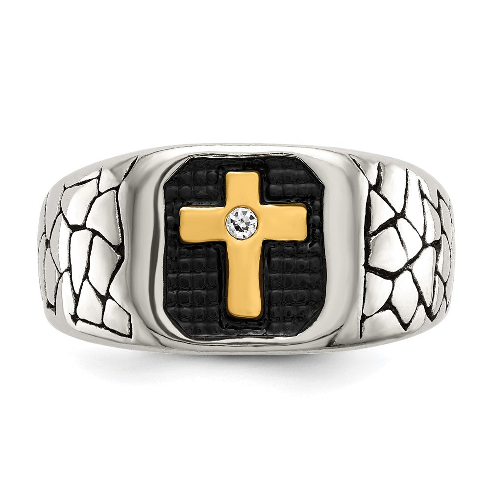 Chisel Stainless Steel Antiqued & Polished Yellow IP-Plated with Crystal Cross Ring