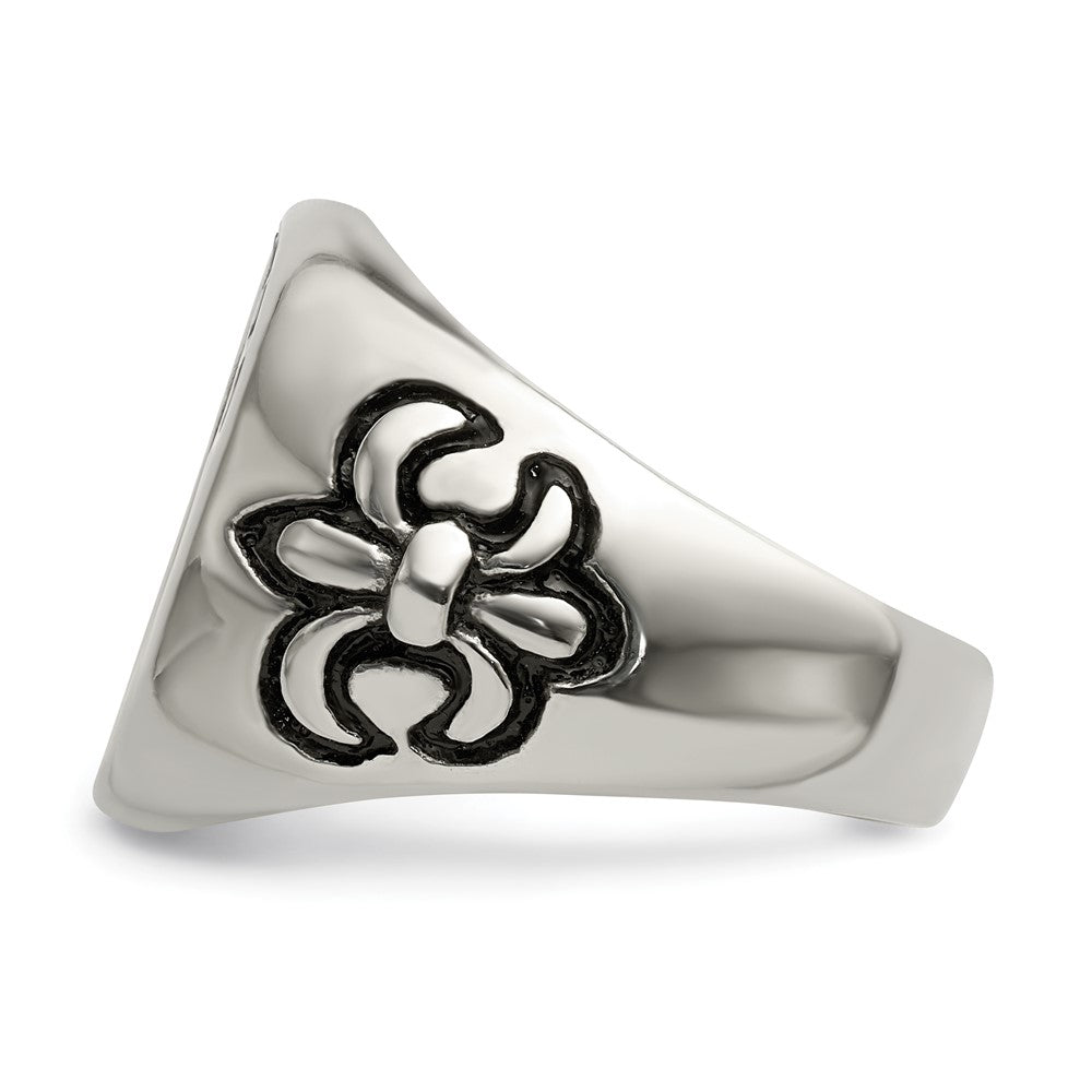 Chisel Stainless Steel Antiqued & Polished Fleur de Lis Cross Ring