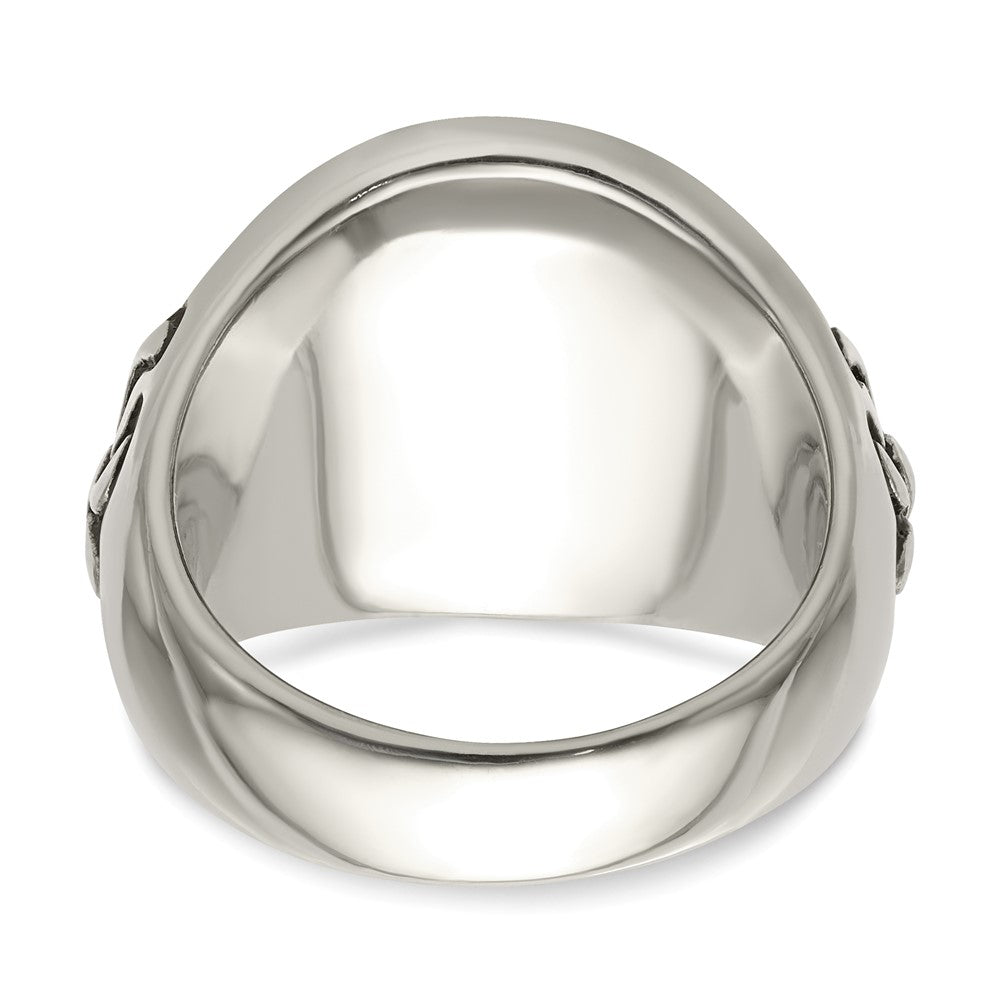 Chisel Stainless Steel Antiqued & Polished Fleur de Lis Cross Ring