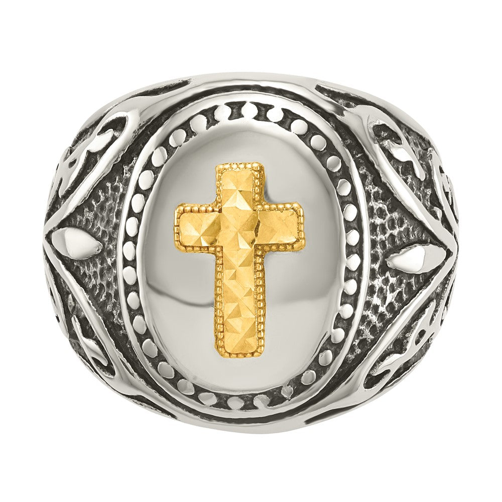Chisel Stainless Steel with 14k Gold Accent Antiqued & Polished Cross Ring