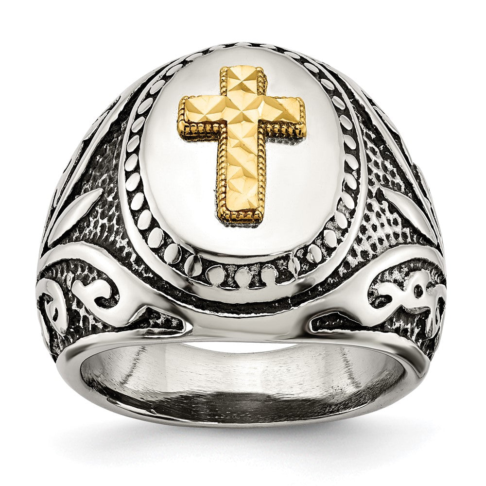 Chisel Stainless Steel with 14k Gold Accent Antiqued & Polished Cross Ring