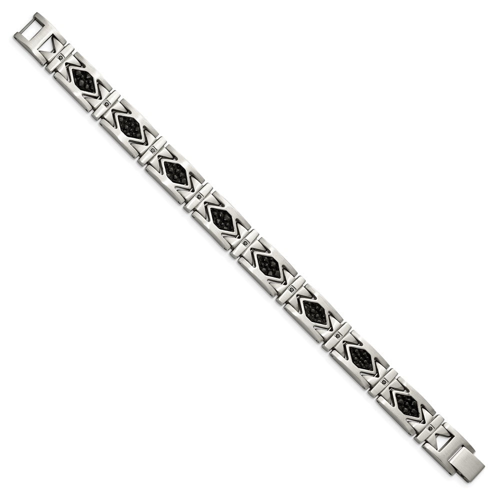 Chisel Stainless Steel Brushed with Stringray Textured Black Leather & Black CZ 8.5-inch Link Bracelet