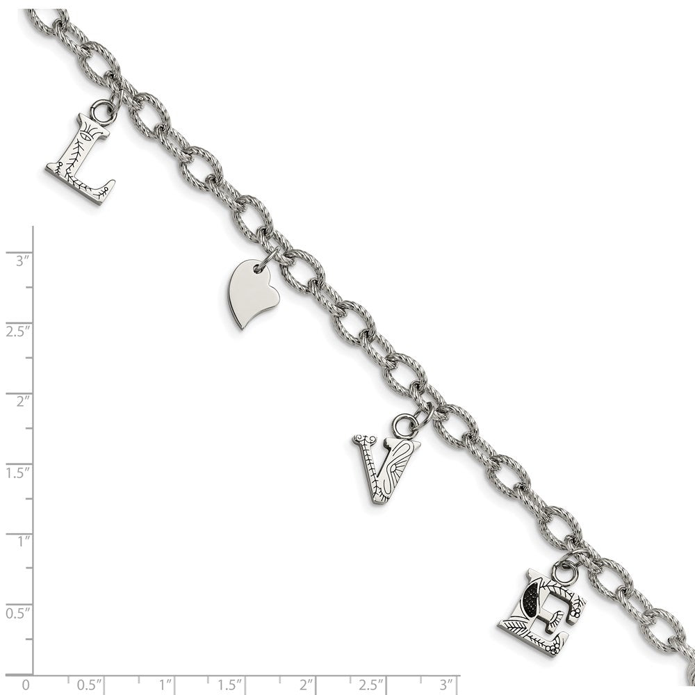 Polished & Textured LOVE Charm 8.25in Bracelet in Stainless Steel