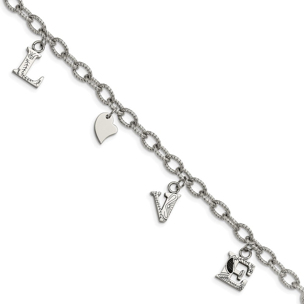 Polished & Textured LOVE Charm 8.25in Bracelet in Stainless Steel