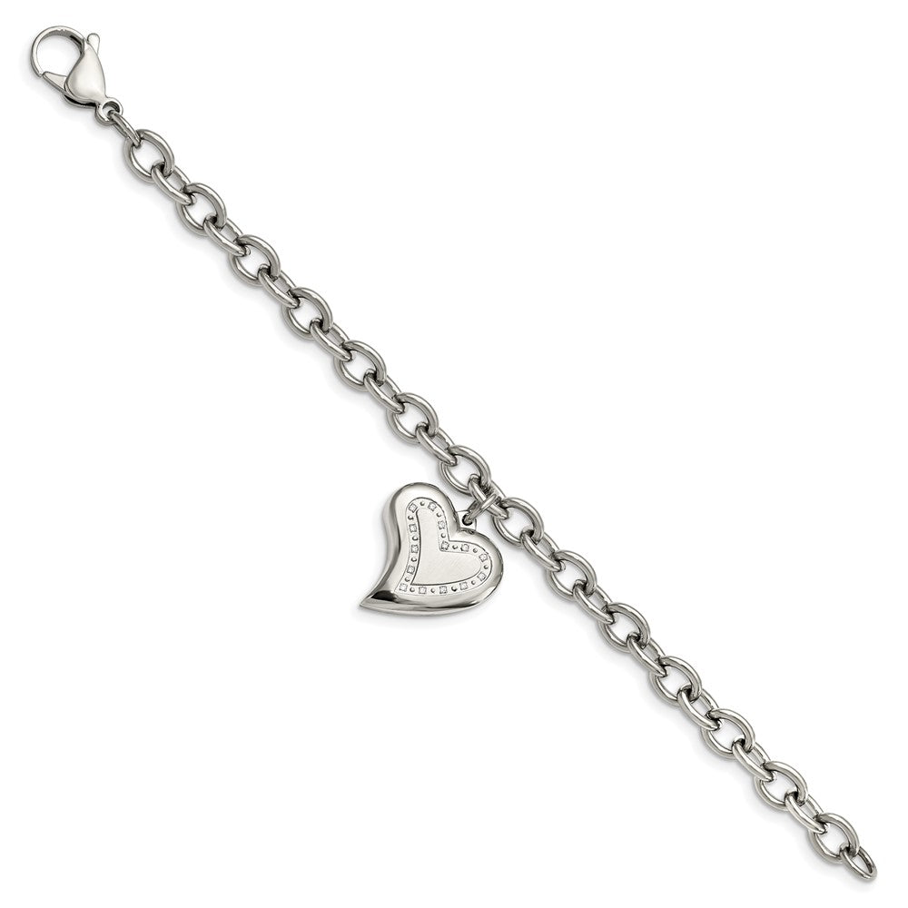 Chisel Stainless Steel Polished with CZ Heart Charm 7.5-inch Bracelet