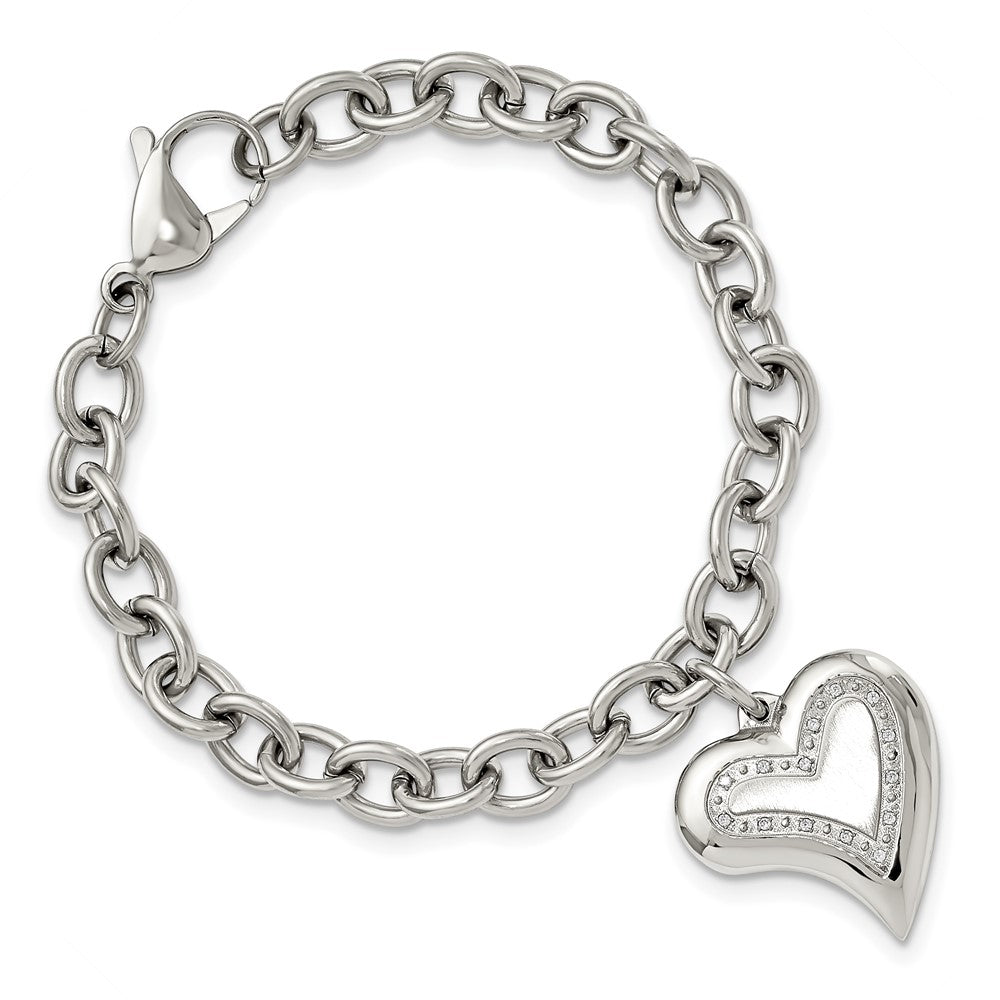 Chisel Stainless Steel Polished with CZ Heart Charm 7.5-inch Bracelet