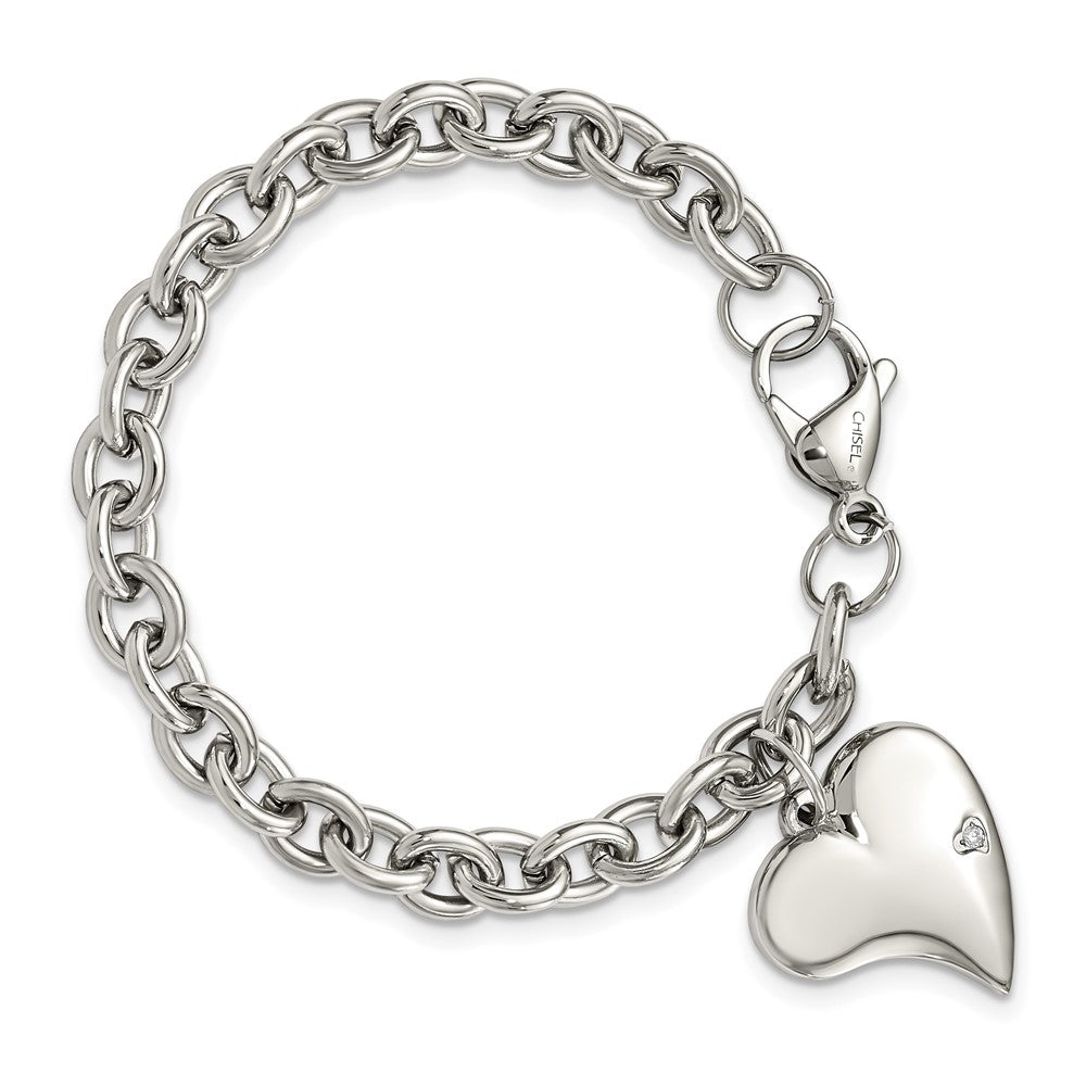 Chisel Stainless Steel Polished Link with CZ Heart Dangle Charm 7.5-inch Bracelet