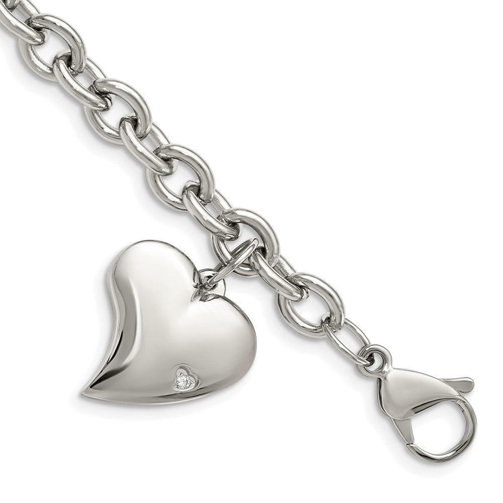 Chisel Stainless Steel Polished Link with CZ Heart Dangle Charm 7.5-inch Bracelet