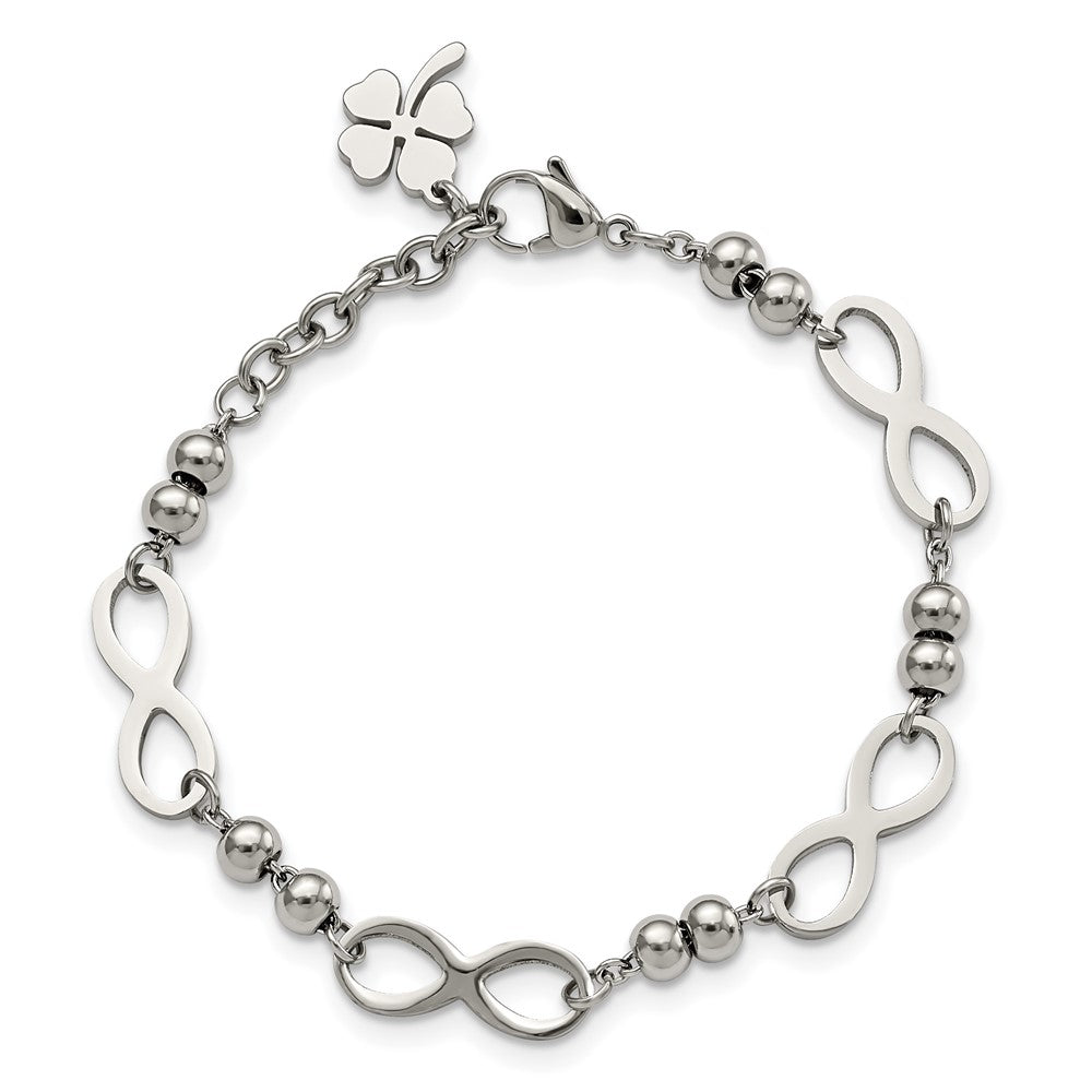 Chisel Stainless Steel Polished Infinity Symbol Link with 4 Leaf Clover Charm 6.5-inch Bracelet with 1-inch Extension