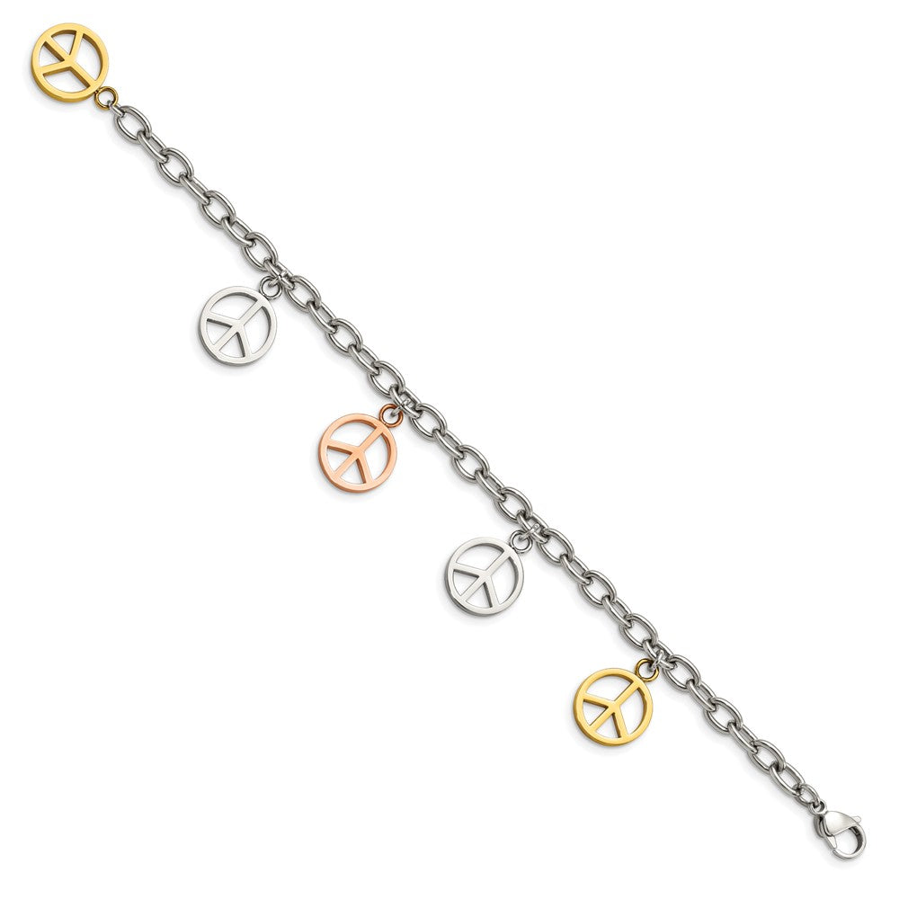 Chisel Stainless Steel Polished Rose & Yellow IP-plated Peace Sign Charms 8.5-inch Bracelet