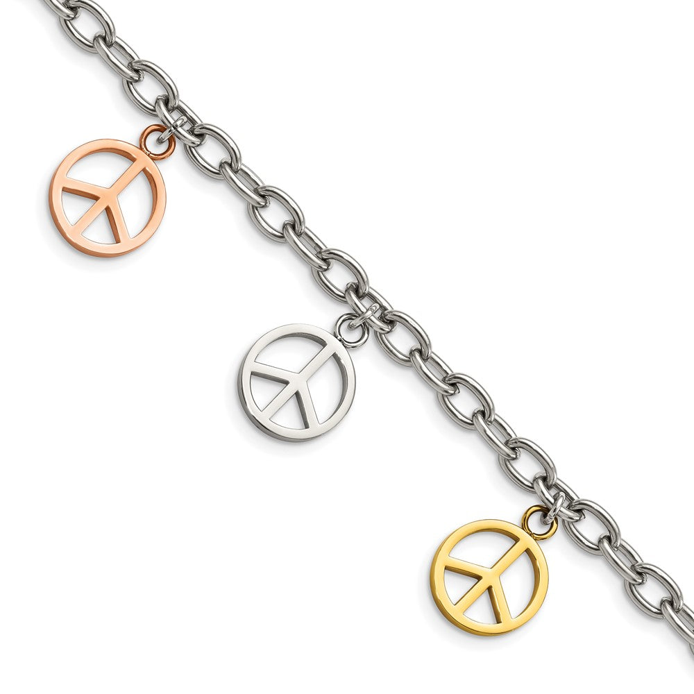 Chisel Stainless Steel Polished Rose & Yellow IP-plated Peace Sign Charms 8.5-inch Bracelet
