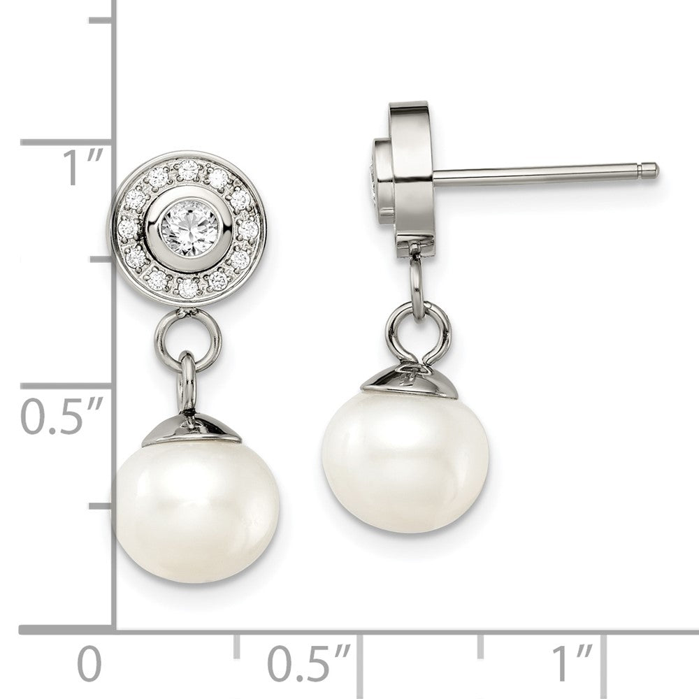 Chisel Stainless Steel Polished CZ & Freshwater Cultured Pearl Post Dangle Earrings