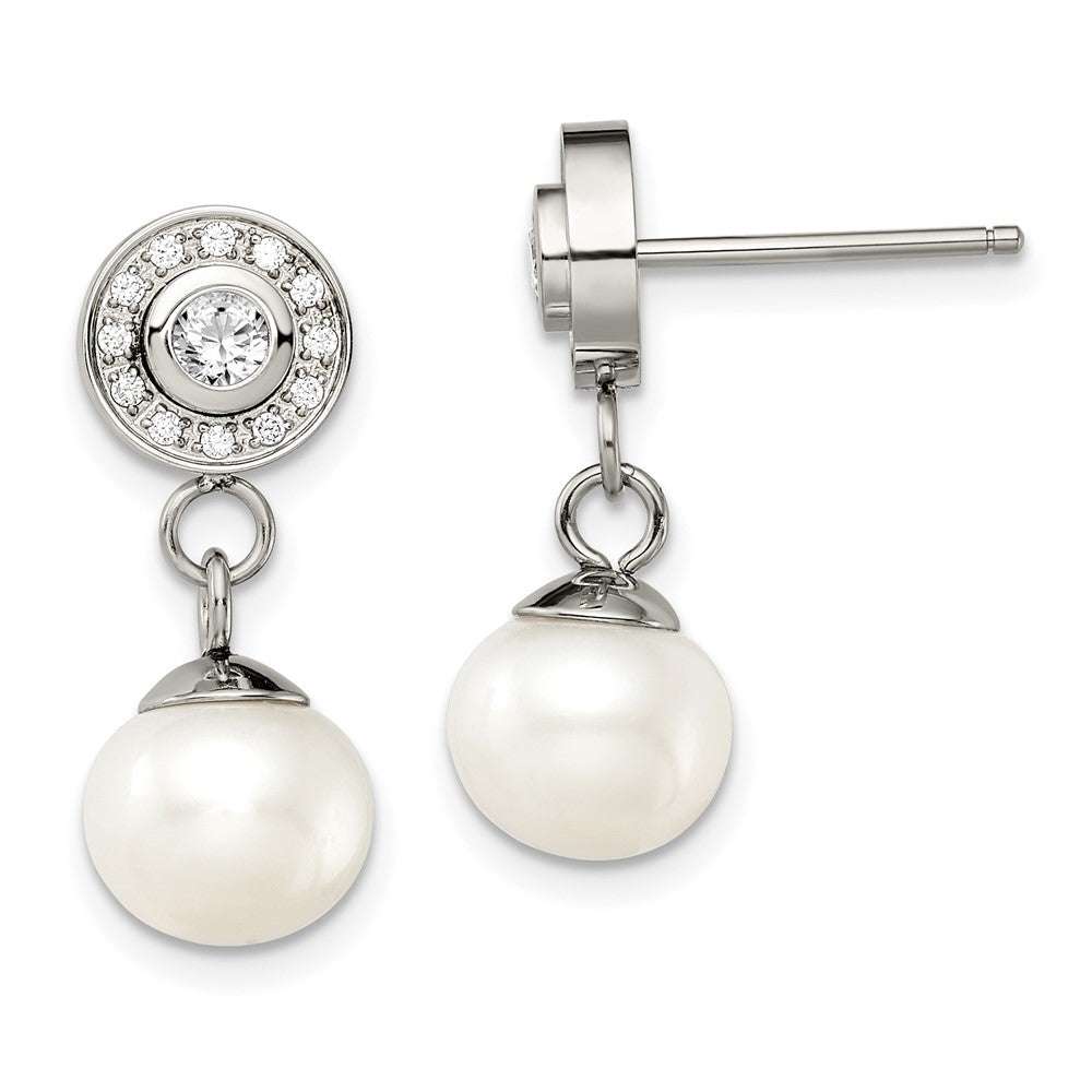 Chisel Stainless Steel Polished CZ & Freshwater Cultured Pearl Post Dangle Earrings