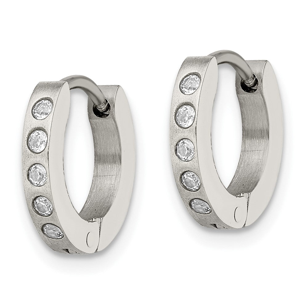 Chisel Stainless Steel Brushed & Polished with CZ 2mm Hinged Hoop Earrings