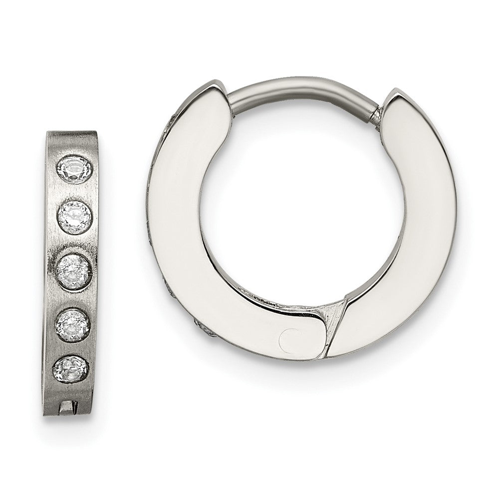 Chisel Stainless Steel Brushed & Polished with CZ 2mm Hinged Hoop Earrings