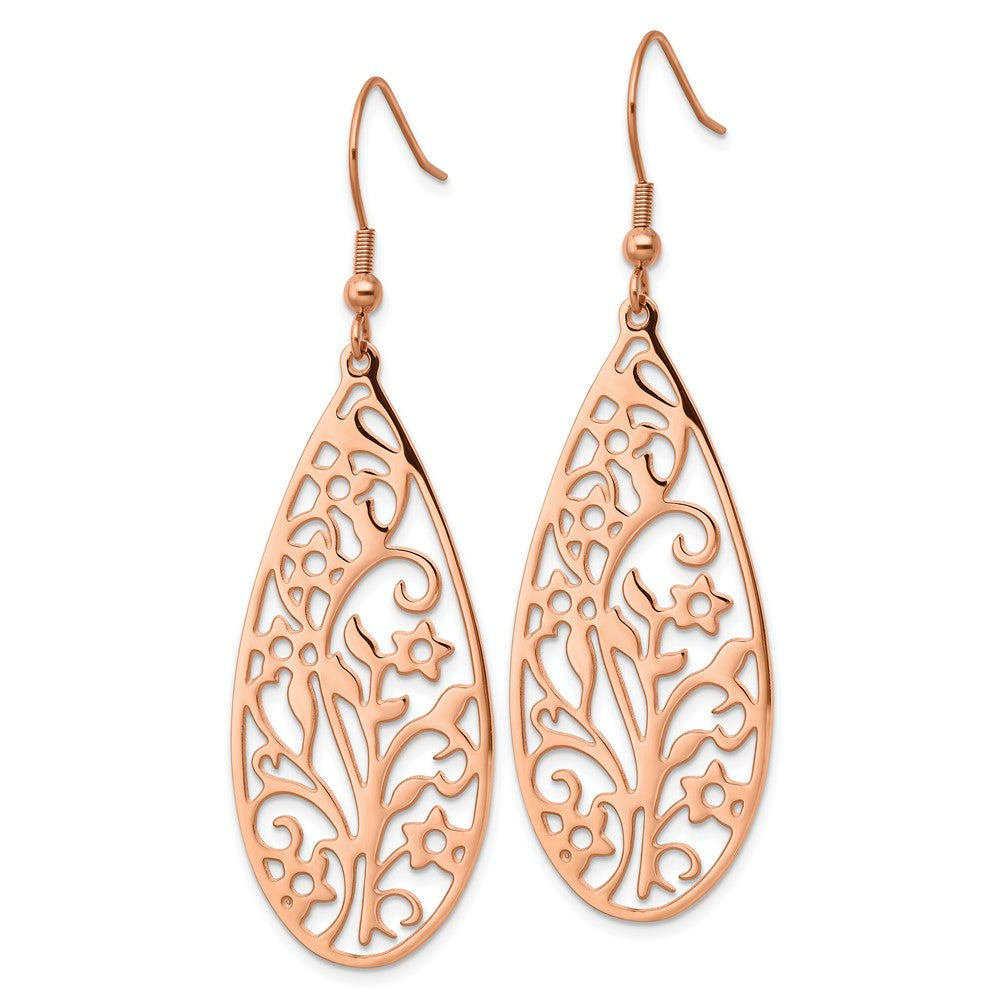 Chisel Stainless Steel Polished Rose IP-Plated Filigree Flower Dangle Shepherd Hook Earrings