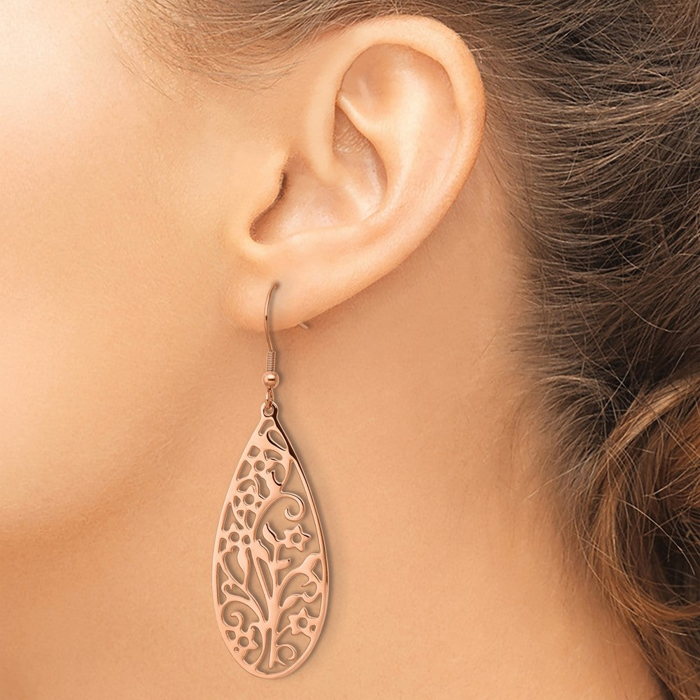 Chisel Stainless Steel Polished Rose IP-Plated Filigree Flower Dangle Shepherd Hook Earrings